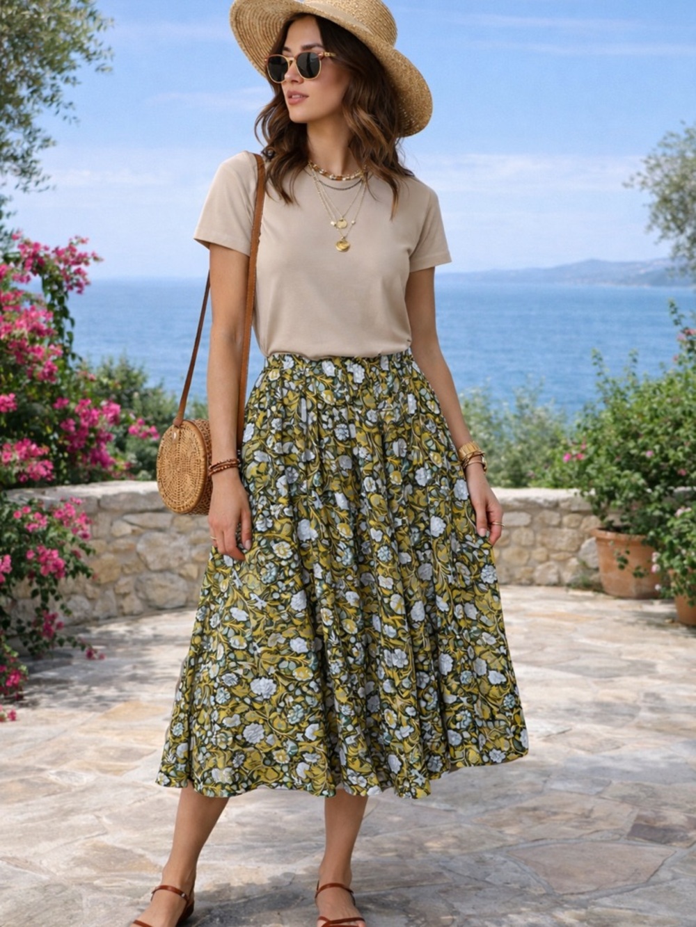 Catherine Malandrino Olive Green Floral Midi Skirt.. Various sizes